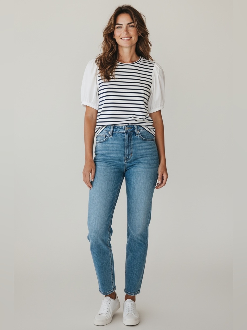 Derek Lam 10 Crosby Mixed Media Puff Sleeve
Top in Navy/White Stripe, Small
